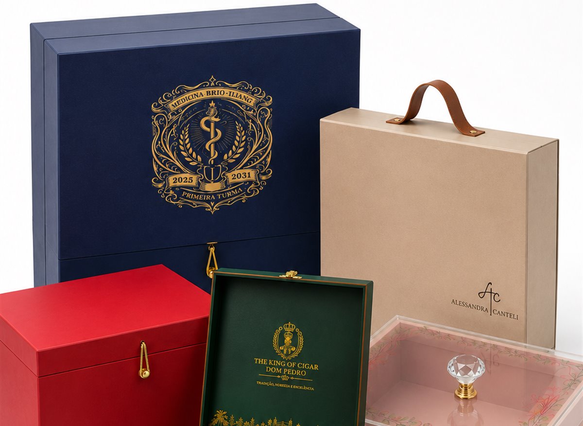 Caixas premium personalizadas com acabamentos de luxo